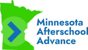 Minnesota Afterschool Advance logo: State of Minnesota filled in with neon green with a blue arrow pointing to the right.