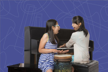 Cut out photo of a student playing a drum and a teacher playing a piano