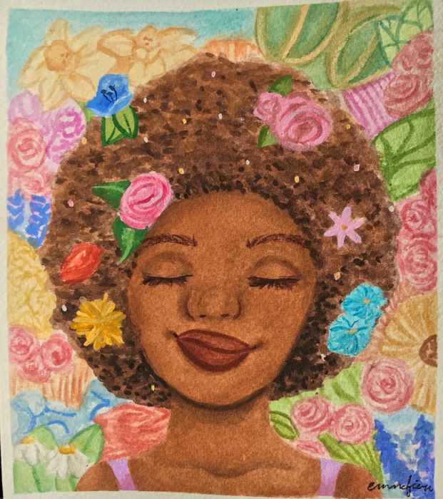 Painting of a person of color surrounded by flowers with their eye closed