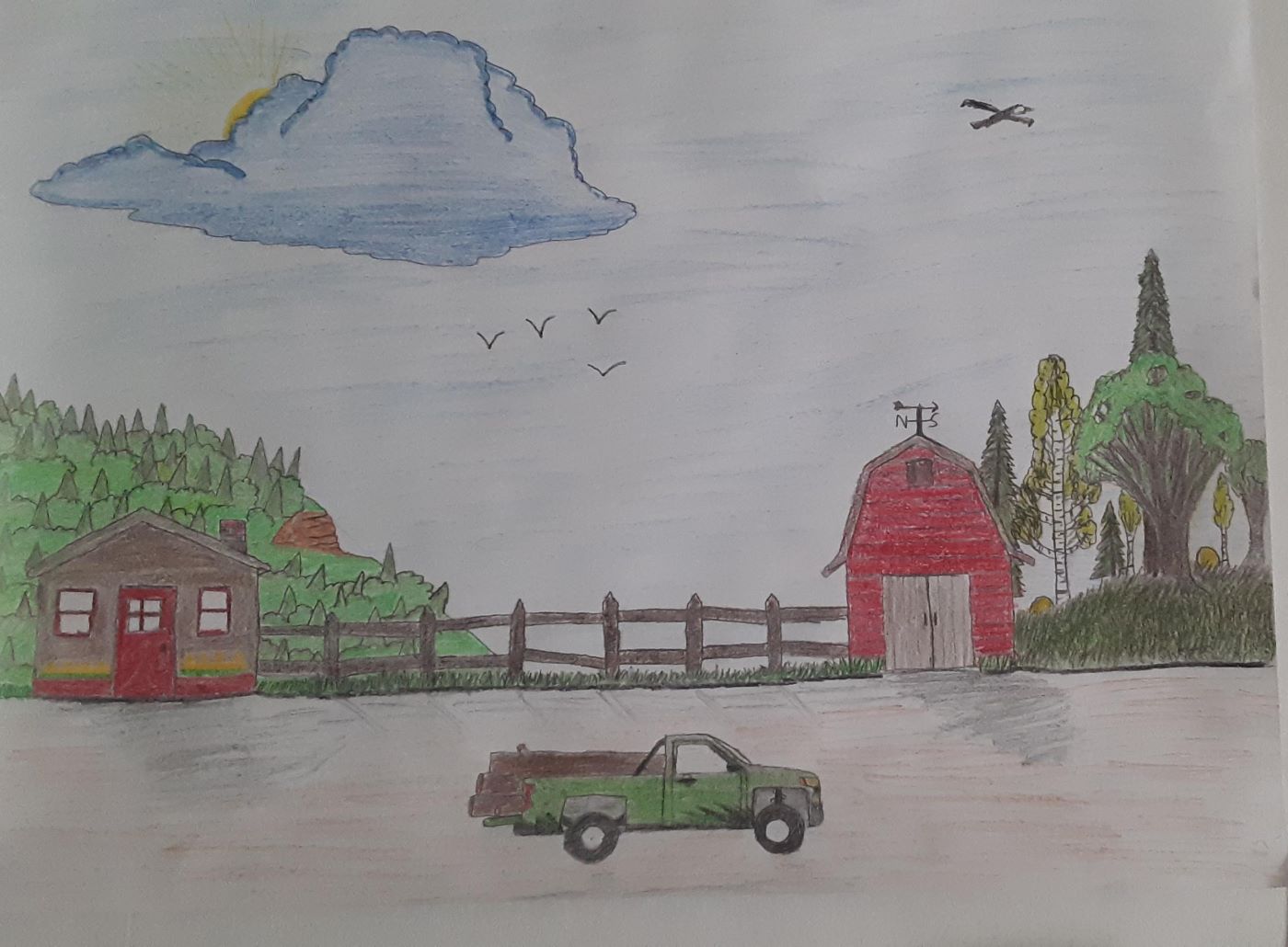 Drawing of a pickup truck with houses and a fence in the background