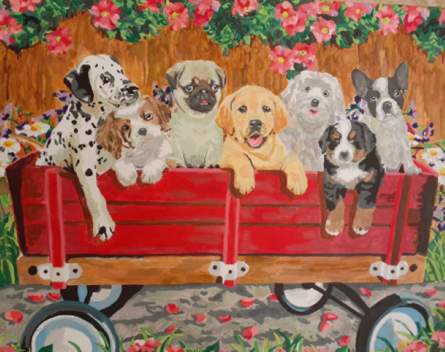 Painting of dogs sitting in a wagon
