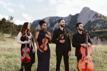 string quartet in a field in front of a mountain