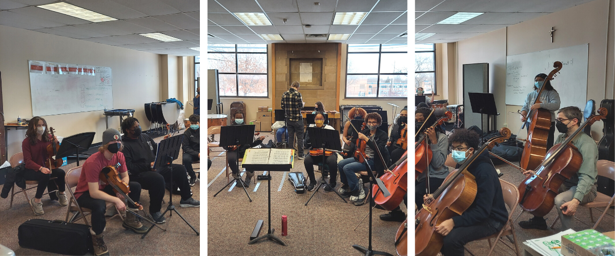 Three photos side by side of a youth orchestra