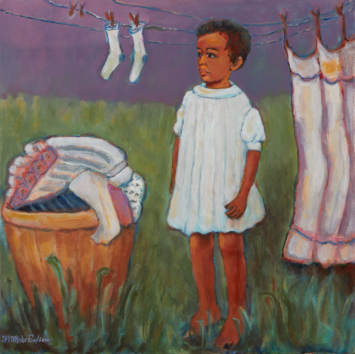 A painting of a person wearing a white dress hanging laundry on a line outside