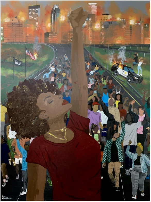 Painting of a person with fist raised and a crowd of people protesting in the background