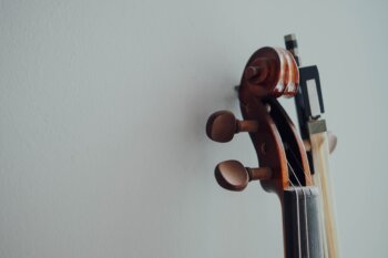 photo of the top of a violin and a bow.