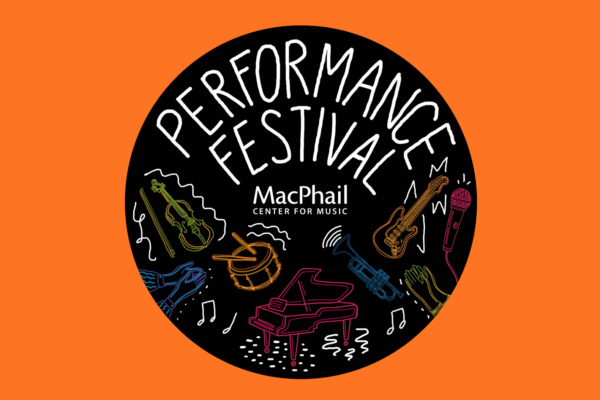 Black circle on an orange background. Circle has colorful illustrations of instruments on it with text that says Performance Festival in all capital letters.