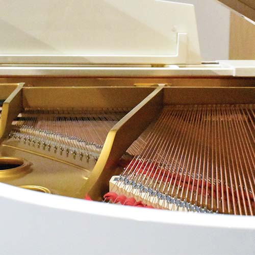 Close up photo of the inside of a piano