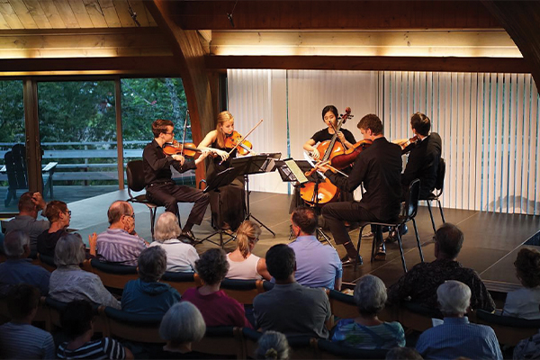 5 people playing string instruments on stage