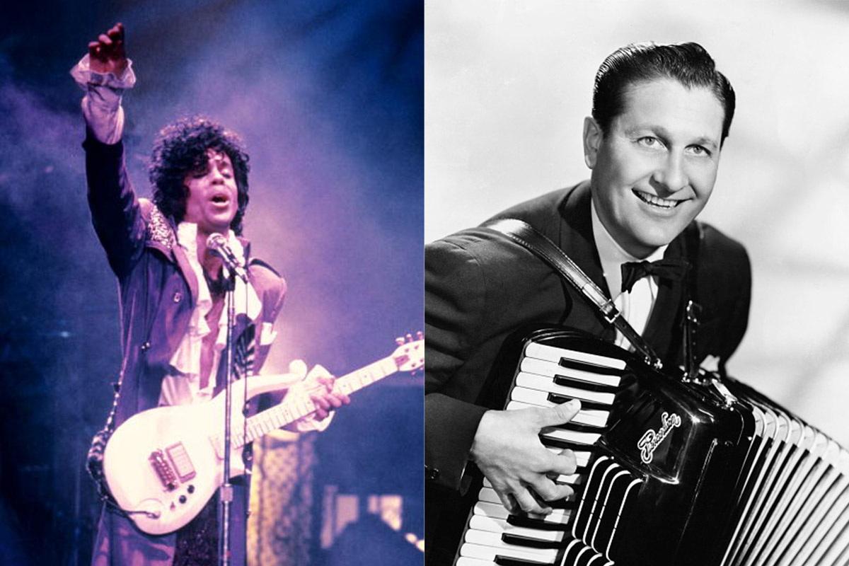 Two photos side by side. First is of Prince performing and the second is of Lawrence Welk