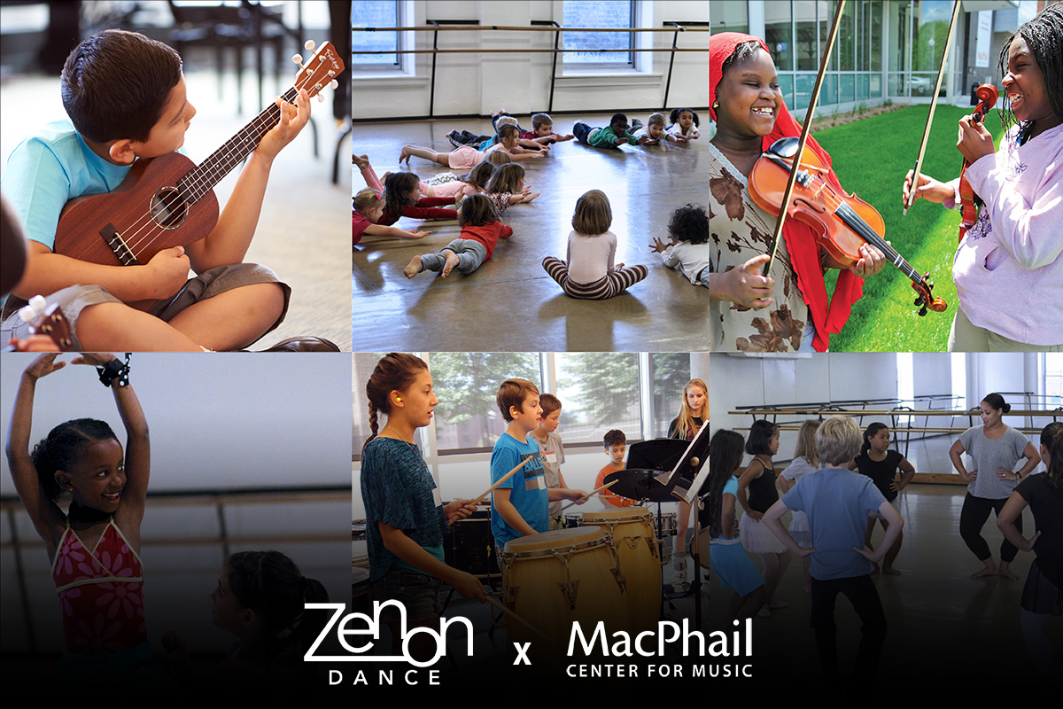 Collage of photos of children dancing and playing instruments